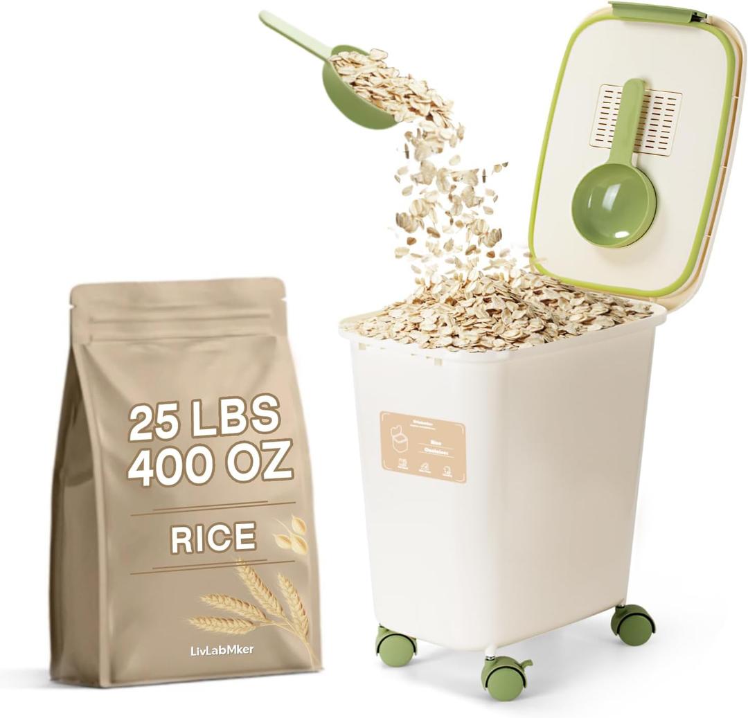 Rice Dispenser - 25Lbs 400oz Airtight food storage container with lids,cereal flour storage Container,With Measuring spoon and wheels, large flour bin rice organizer bucket (12L)