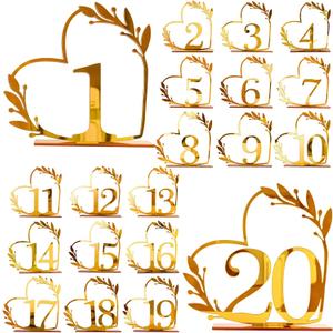 Wedding Table Numbers 1-20, Gold Heart Design with Leaf Detail, Freestanding Metal Table Decor