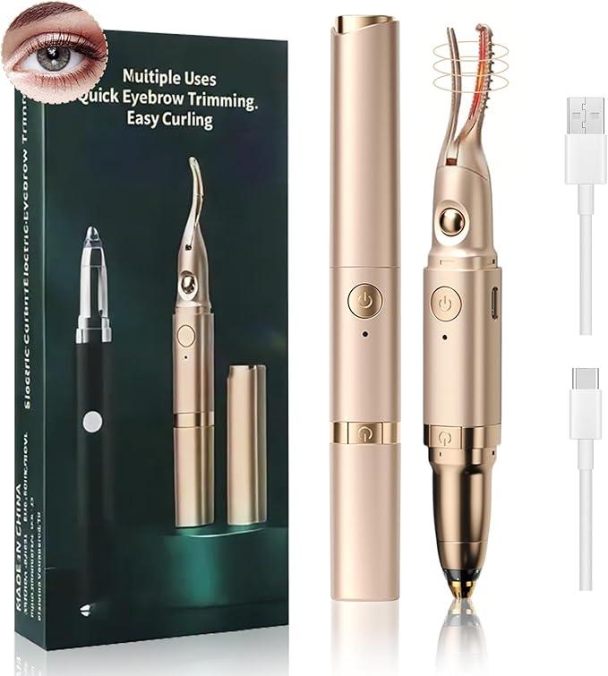 Heated Eyelash Curlers - 2 in 1 Electric Eyelash Curler & Eyebrow Trimmer for Women Best for Women's Makeup Tool Type C Rechargeable Natural Curling Easy for Beginners to Use (Gold-001)
