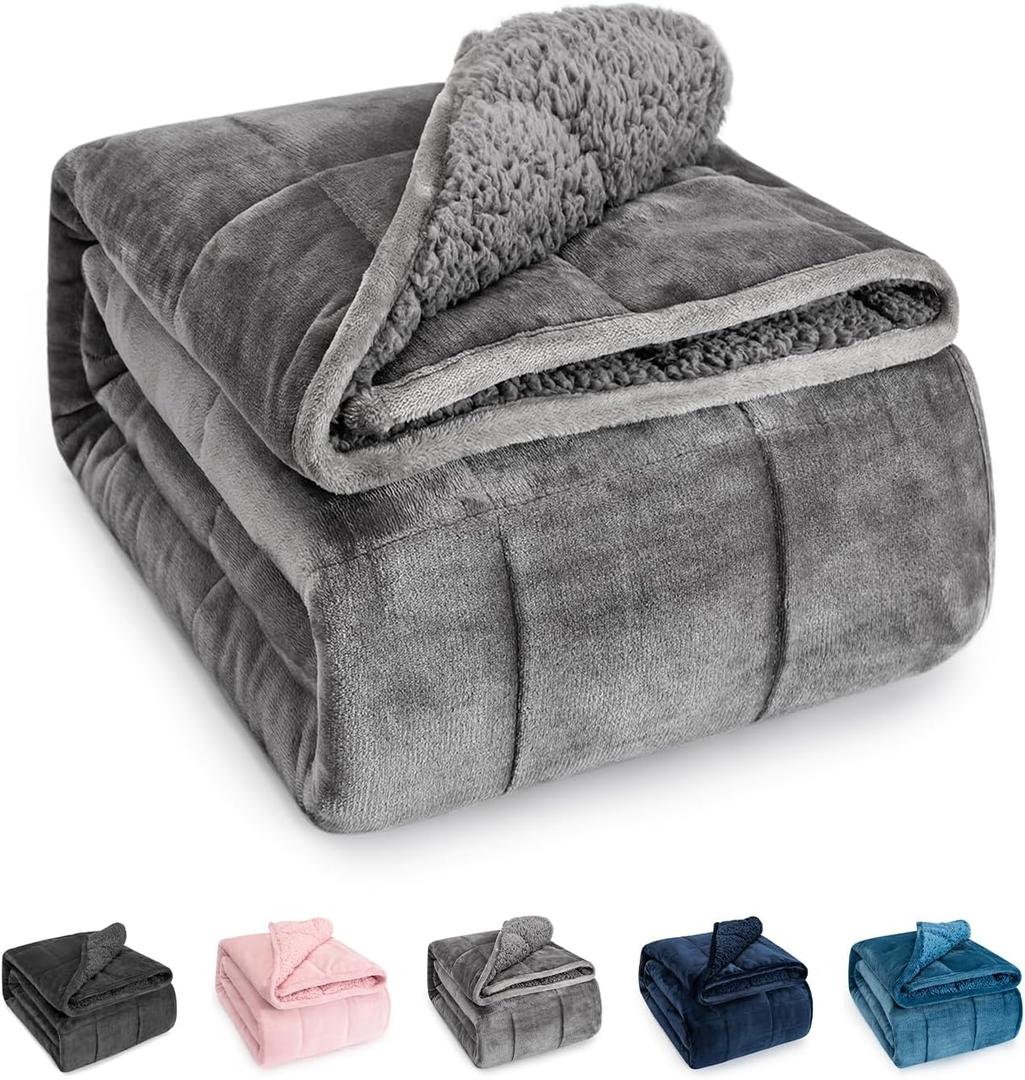 Sivio Weighted Blanket for Adult, 15 lbs Sherpa Heavy Blanket with Soft Flannel Reversible, Queen Size, Extra Warm Cozy Fluffy Weighted Blanket, 60x80 Inches Dual Sided Grey