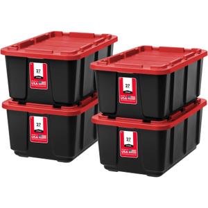 IRIS USA 4-Pack 27 Gallon Storage Bins with Lids |Made in USA| Heavy Duty Plastic Tote Containers for Truckbed Tool Box Organization, Large - Red