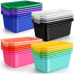 Dandat 24 Pcs Plastic Cubby Storage Bins Colorful Classroom Cubby Organizer Book Bins for Classroom Library Bulk Stackable Toy Containers with Handles for Home Office Daycare Preschool (Bright Color)