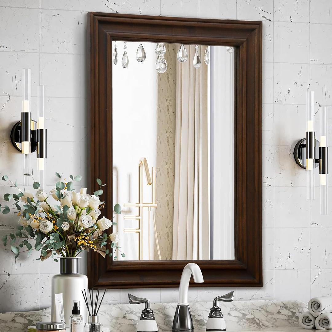 Rustic Wooden Framed Wall Mirror, 32" x 24" Wood Bathroom Mirrors for Wall Mounted, Dcor Wall Art, Vertical or Horizontal Hanging(Dark Brown) (32"L x 24"W)