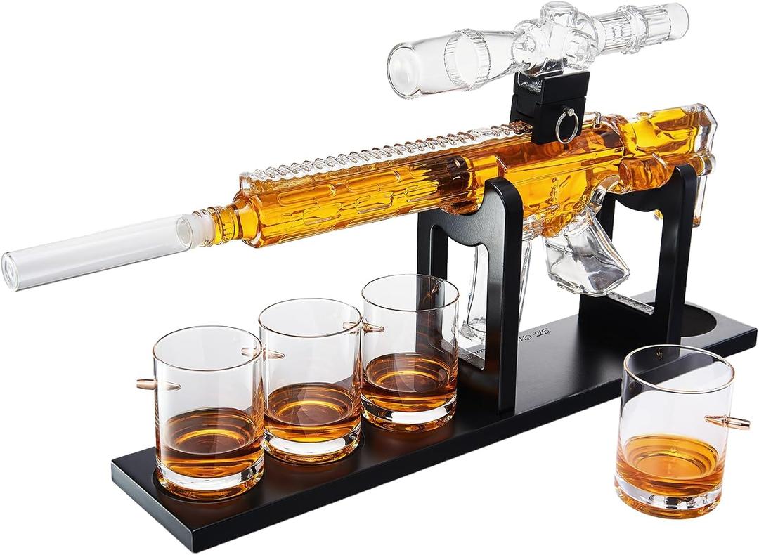 AR15 Whiskey Decanter Set – Limited Edition with Silencer Stopper 640ml Rifle Decanter & 4 Bullet Glasses (310ml) Handmade Gun Liquor Set, TikTok Bar Trend Unique Birth Day Gift for Dad, Him, Men