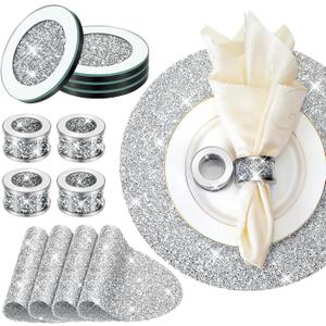 Dandat 12 Pcs Silver Napkin Rings Silver Rhinestone Placemat Glass Mirrored Coaster Set Includes 4 Circle Placemats 4 Glass Coasters 4 Napkin Holder for Dinning Table Wedding Banquets (Round)