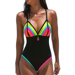 popvil One Piece Swimsuit for Women 2026 Bathing Suit Rainbow Color Block Swim Suits Deep V Neck Swimwear L