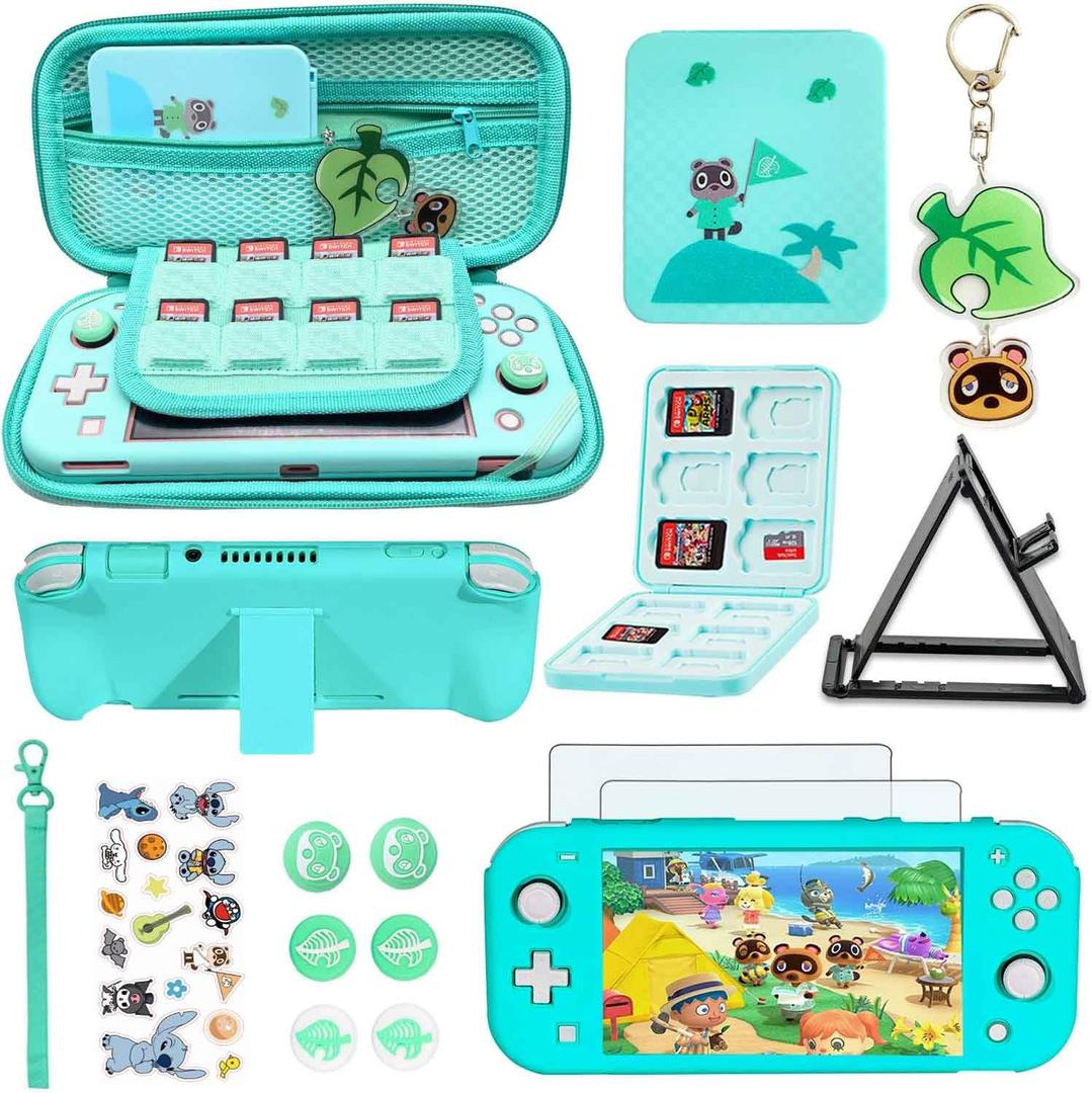 YOOWA Accessories Kit for Nintendo Switch Lite Animal Crossing - Cute Accessories Bundle with Carrying Case, Kawaii Cover case, 2 Pack Screen Protector, Play Stand, Thumb Grips Set