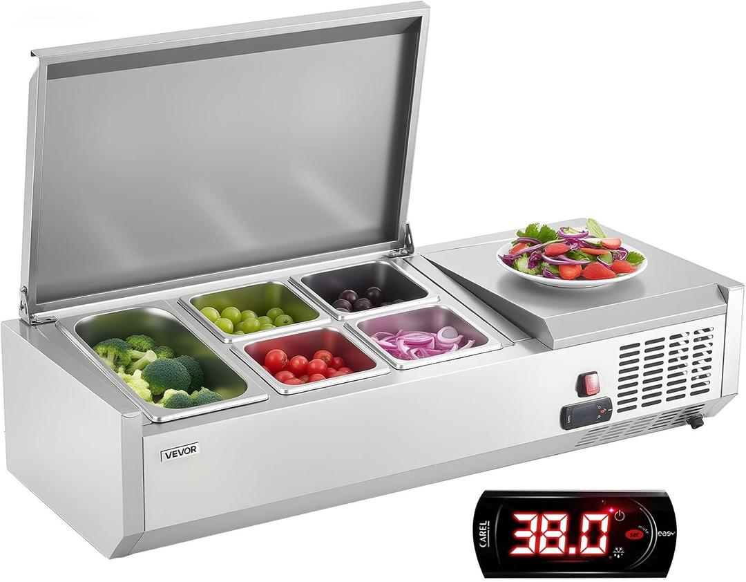 VEVOR Refrigerated Condiment Prep Station, 120W Countertop, One 1/3 Pan and Four 1/6 Pans, 304 Stainless Body, PC Lid, Sandwich Prep Table with Stainless Guard, New Stainless 40 in