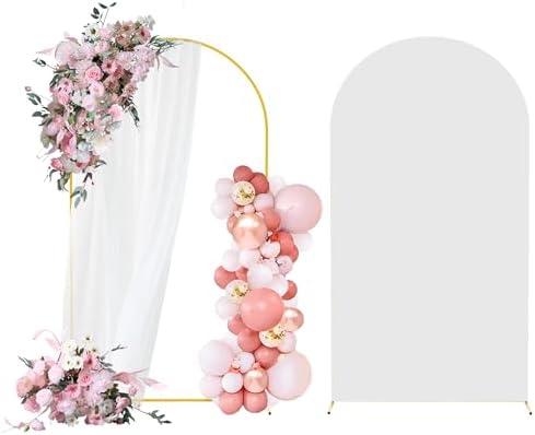 Rtshuok 6FT Arch Backdrop Stand and Arch Cover Set, Gold Metal Arch Stand Backdrop with White Arch Stand Cover Ideal for Weddings, Birthday Parties, Baby Showers, Celebration Decorations