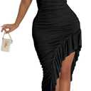 BEAGIMEG Women's Sexy Ruched Sleeveless Asymmetrical Ruffles Elegant Cocktail Evening Party Maxi Dress (XX-Large, Black)