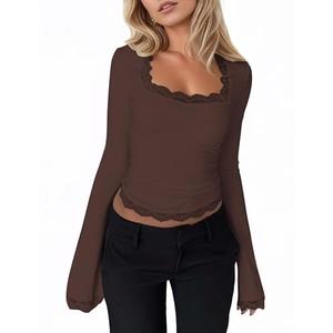 Women Lace Trim Square Neck Crop Tee Tops Long Bell Sleeve Slim Fitted T Shirts Y2K Fairy Cute Top Small