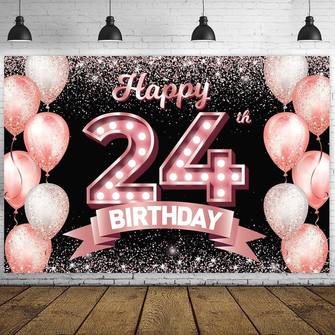 Happy 24th Birthday Rose Gold Banner Backdrop Cheers to 24 Years Old Confetti Balloons Theme Decor Decorations for Women 24 Years Old Pink Birthday Party Bday Supplies Background Favors Gift Glitter
