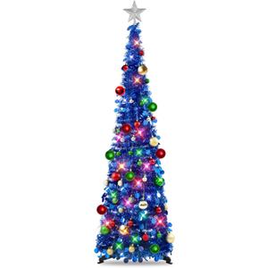 N&T NIETING Pop Up Christmas Tree with Lights, Collapsible Tinsel Xmas Tree Decorations, Pencil Christmas Tree Skinny Tree for Holiday Xmas Home Office Decor, 30 Balls, 5Ft, Royal Blue