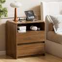 23.8" Modern Nightstand with Hidden Drawers Walnut Night Stand with Charger Station Mid Century Bedside Table Curved Wood Side Table for Bedroom Dorm, 21.85" X 15.75" X 23.8"