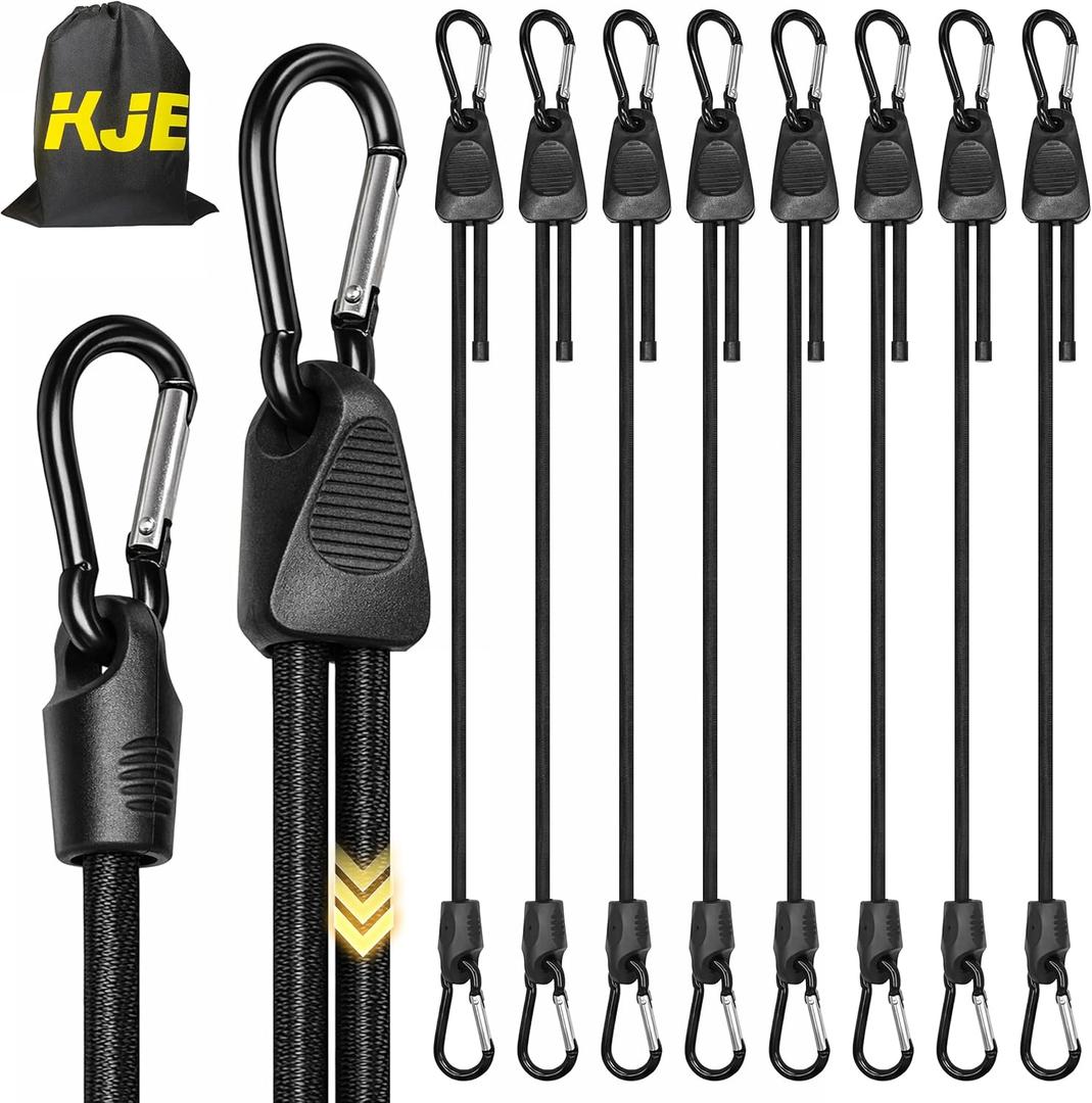 KJE 8Pcs 48" Adjustable Bungee Cords with Hooks - Black Bungee Straps, Easy to Adjust from 7" to 48", Ideal for Outdoor Tie Downs, Securing Tarps & Canvases & Cargo in Cold Hot Climates