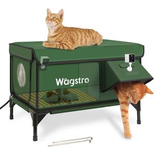 Heated Cat House for Outside with Smart Pet Camera, Highly Elevated with Escape Door, Insulated Waterproof Outdoor Cat House Shelter for Feral Stray Barn Cat (Army Green, 25.6"x16.5"x18.5")