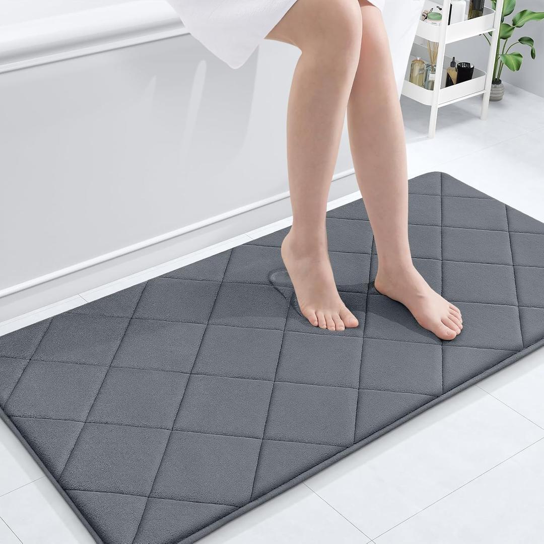 OLANLY Memory Foam Bath Mat 47x24, Ultra Soft and Absorbent Bathroom Rugs, Machine Washable, Comfortable Bath Carpet for Bathroom Floor, Tub and Shower, Dark Grey