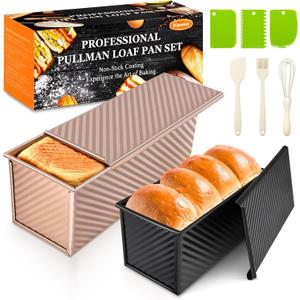 2Pack Pullman Loaf Pans with Lids 2.2 LB & 1 LB Dough Capacity, Non-Stick Carbon Steel Bread Pans for Homemade Sandwich and Sourdough Bread, Corrugated Toast Mold