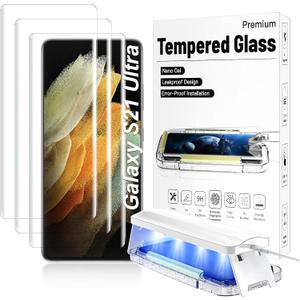3 PackAuto Alignment S21 Ultra Glass Screen Protector 3D Curved Tempered Glass Shield Support Fingerprint Unlocking, Scratch & Impact Protection, Full HD Clear & Smooth Touch (transparent)
