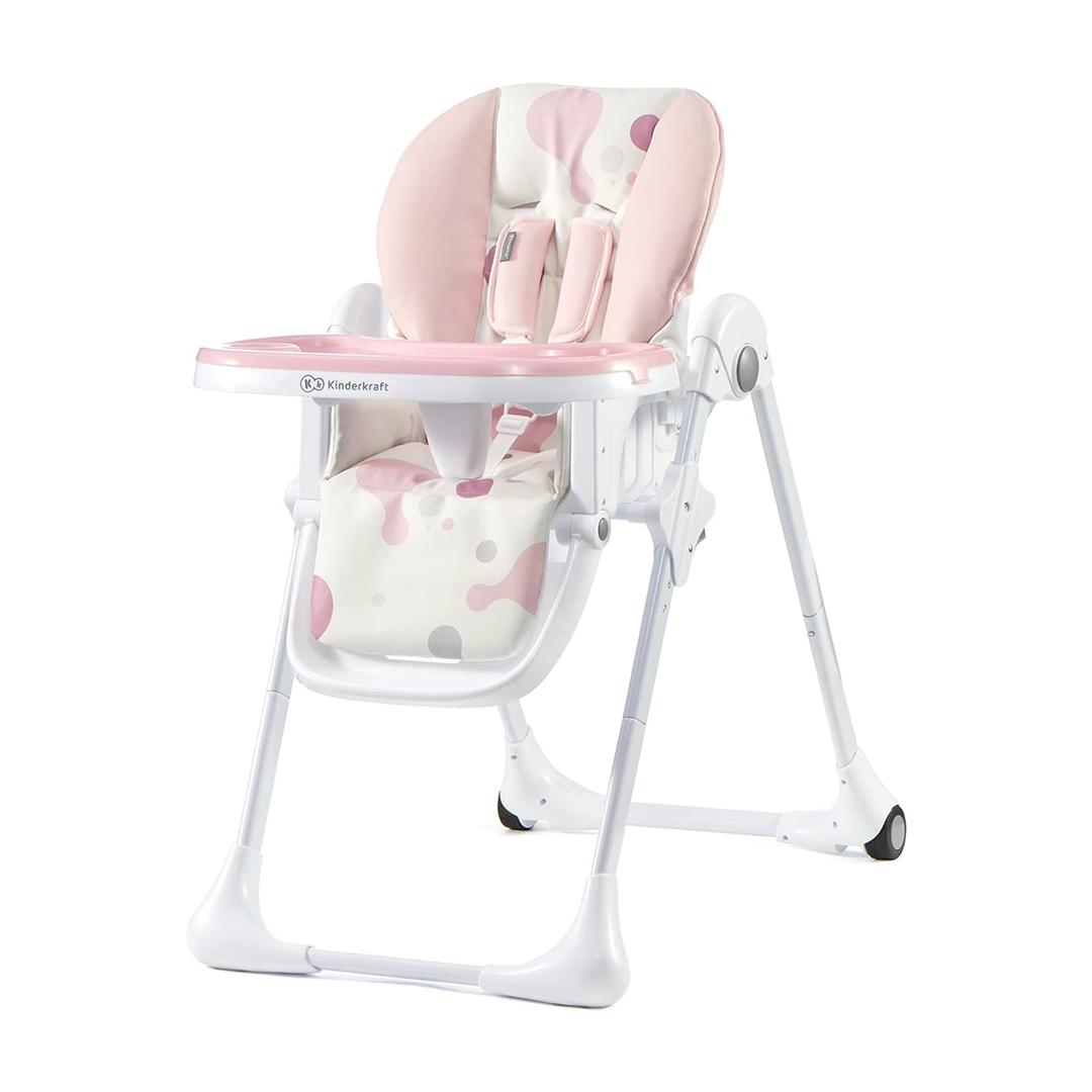 Kinderkraft Yummy Highchair, Baby Chair, Pink | Ergonomic, Reclining, Foldable, Adjustable Height, Detachable Double Tray