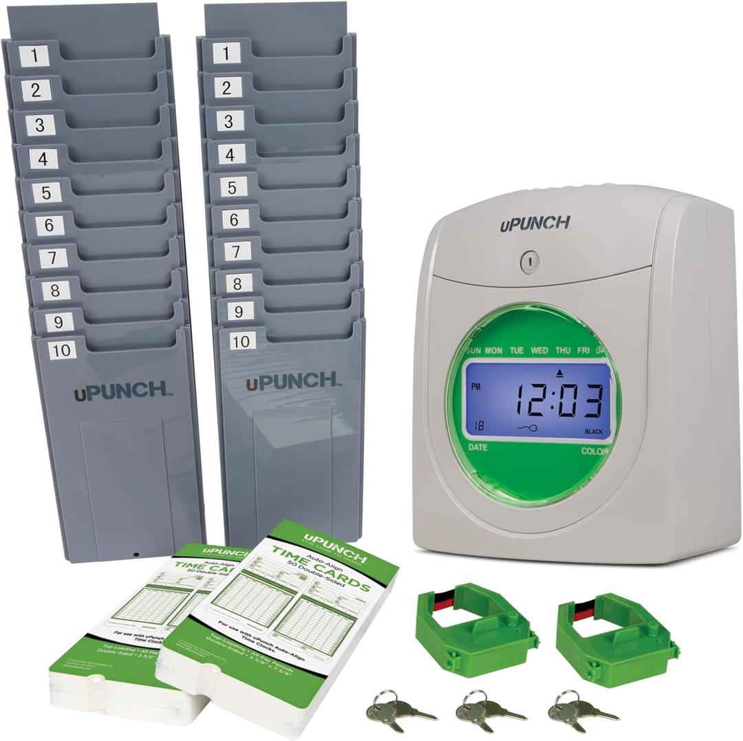 uPunch HN3500 Advanced Time Clock Bundle for Small Business: Complete Employee Time Tracking System with 100 Time Cards, 2 Racks, 2 Ribbons, and 6 Keys