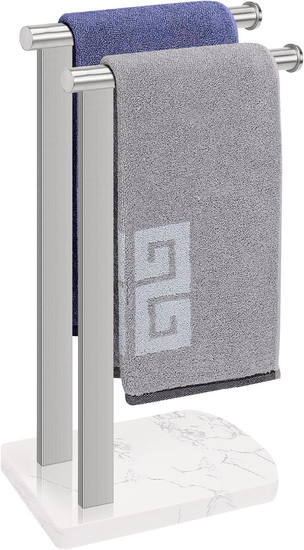 NearMoon Hand Towel Holder with Balanced Marble Base, SUS304 Stainless Steel Stand Towel Ring L Shape Hand Towel Rack Free-Standing Towel Bar for Bathroom Kitchen Countertop(Double Rod Brushed Nickel)