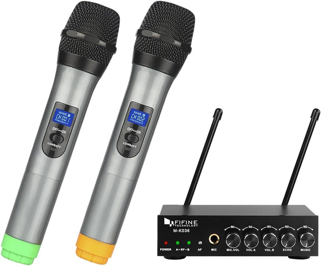 FIFINE UHF Dual Channel Wireless Handheld Microphone, Easy-to-use Karaoke Wireless Microphone System-K036