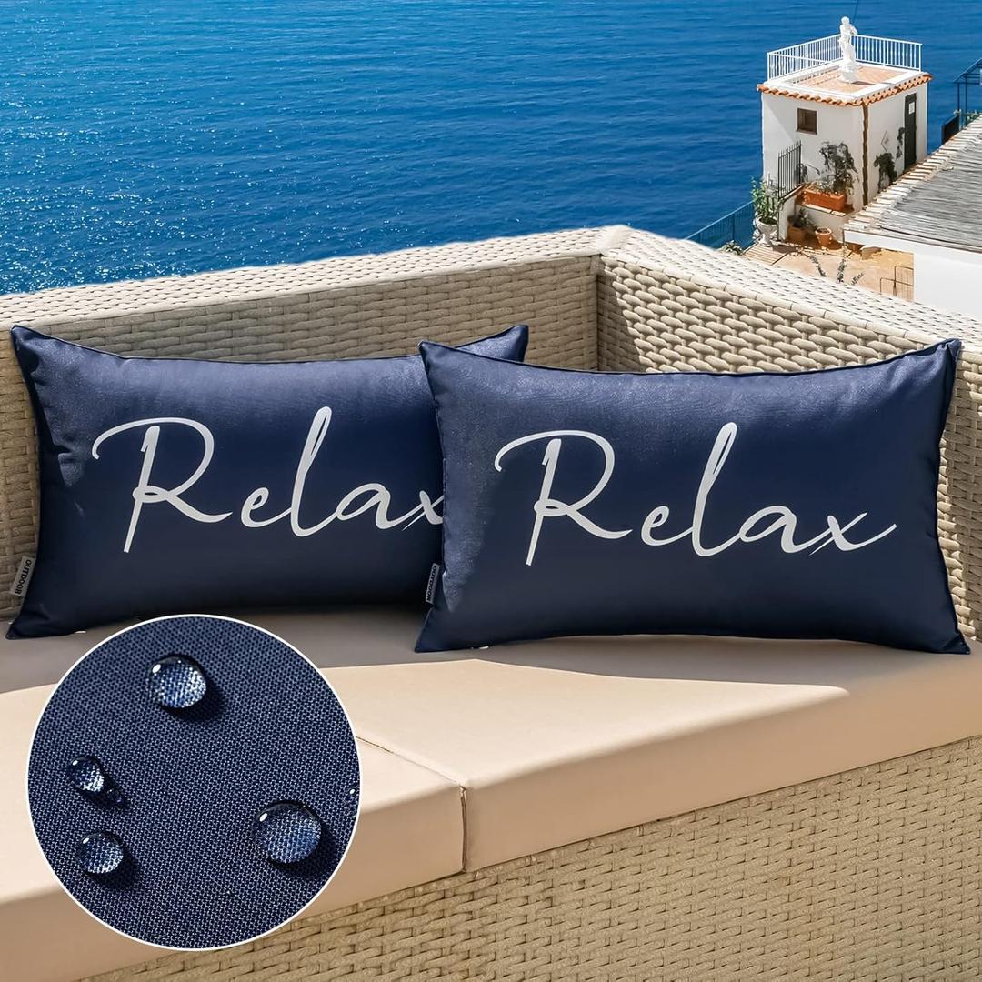 MIULEE Outdoor Waterproof Throw Pillow Covers Set of 2 Relax Decorative Outdoor Rectangular Pillowcases for Chair Patio Garden Couch Tent Balcony Sofa Navy Blue 12x20 Inch