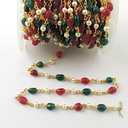 5 Feet Pearl and Assorted Aventurine Gold Wire Wrapped Rosary Beaded Chain- Green and Red Aventurine Rosary Chain