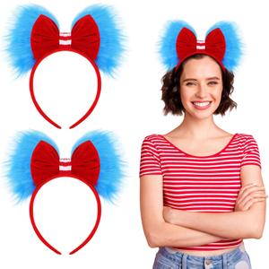 Canlierr Halloween Blue and Red Bow Headband Large Furry Hair Bow Headband Fuzzy Pom Hairband for Women Holiday Party