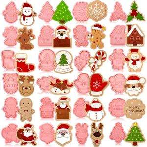 Roshtia 24 Pieces Christmas Cookie Cutters Stamps Mini Embossing 3D Plastic Cookie Stamps Snowman Santa Christmas Tree Reindeer Baking Mold for Xmas Winter Birthday Party Supplies