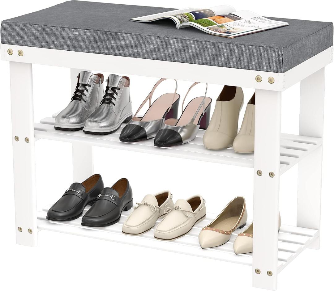 Domax White Shoe Rack Bench for Entryway - Bench with Shoe Storage Front Door Shoe Bench with Cushion Upholstered Padded Seat 3 Tier Bamboo Shoe Holder for Indoor Entrance Hallway Bedroom Living Room, 28 x 11.8 x 17.7 inch