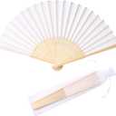 50pcs Imitated Silk Hand Fan Silk Fabric Bamboo Frame Handheld Folding Fan Bridal Dancing Props Church Wedding Party Favors with Organza Bags (White)