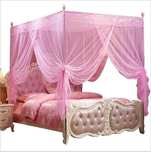 Nattey 4 Corners Princess Bed Curtain Canopy Canopies for Girls Boys Adults Bed Gift (Queen, Pink)