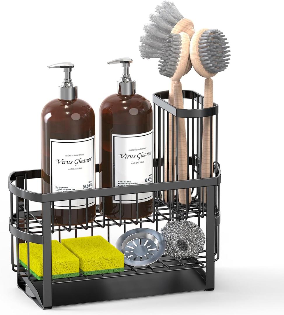 Kitchen Sink Organizer Caddy, 2 Tier Sink Caddy Organizer with High Brush Holder, Rust-Proof Countertop Rack (Black 10.6 * 4.3 * 5.7") for Kitchen Accessories & Dish Brushes