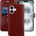 MONASAY Wallet Case Compatible for iPhone 16 5G,[Glass Screen Protector Included] [RFID Blocking] Flip Folio Leather Cell Phone Cover with Credit Card Holder, 6.1-inch, Burgundy