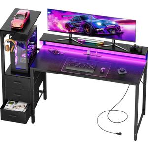 HLDIRECT 60 Inch Gaming Desk with Power Outlets & LED Lights, Black