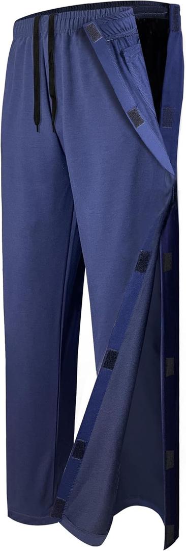 Unisex Tear Away Pants 2 Side Snaps Post Surgery Breakaway Pant Full Open Down Cotton Rip Off Pants for Hip Replacement (Large, Navy)