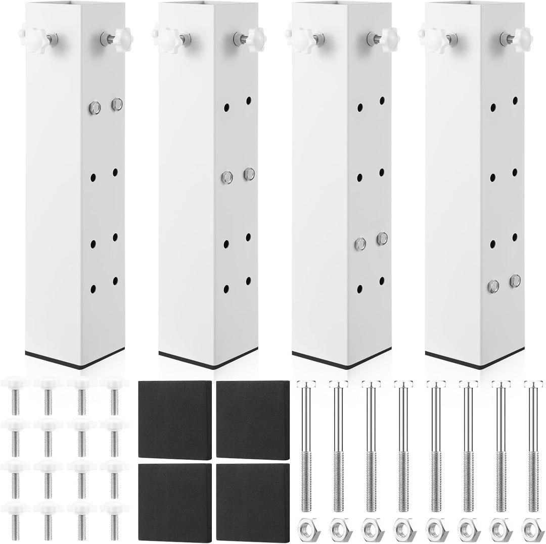 4 Pack White Carbon Steel Dorm Bed Risers fit College Dorm Wooden Bed Frames Lifting Square Risers Adjustable to 2.95", 4.92", 7.87" or 11.02" Heights