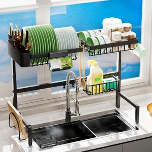 Dish Rack Over The Sink Dish Drying Rack (Expandable Height and Length) Snap-On Design 2 Tier Large Dish Rack Stainless Steel (23" - 34" L x 11" W x 19" - 21.5" H)