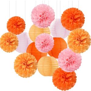Pink-Orange Groovy Party-Decorations Paper-Flowers Lanterns - 15PCS Baby Shower Tissue Pom Poms Streamers, Fall Wedding Boho Birthday Bridal Bachelorette Sunset Hanging Supplies Decor Hugfond