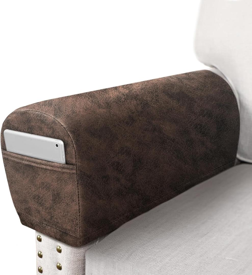 ANARACHON Leather Look Couch Arm Covers Set of 2 Armrest Covers for Sofa Chair Arm Protectors Stretch Armchair Slipcovers with Pockets Washable Spandex Fabric (Large, Brown)