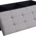 Cuyoca 45.3 Inches Foldable Seat Footrest Shoe Bench End of Bed Storage with Flipping Lid, 166L Upholstered Tufted Bench, Linen Fabric Grey