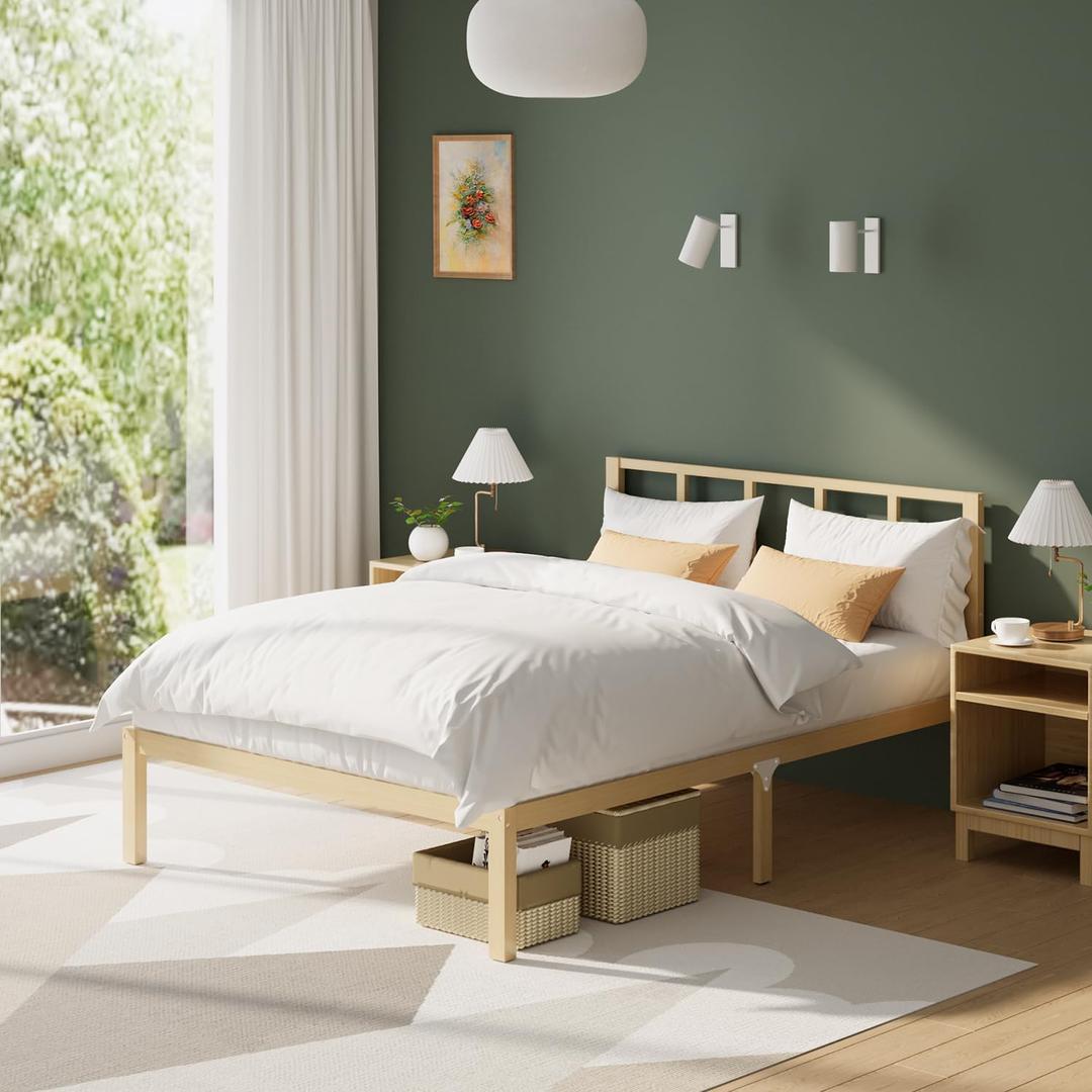 Bamboo Bed Frame Full Size with Headboard Platform Bedframe Solid Stablewith Non-Slip Slats Support Tall Bed No Box Spring Needed Heavy Duty Easy Assembly Noise Free Nature, Full with Headframe