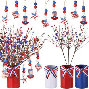 21 Pcs Patriotic Artificial Berry Stem Picks with White Blue Red Stars Vase for 4th of July Independence Day Pentagram Faux Berry Branches Decoration for Home Office Restaurant Vase Dcor