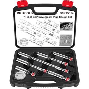 BILITOOLS 7 Piece Magnetic Swivel Spark Plug Socket Set with Gap Tool, 3/8-Inch Drive, 9/16'', 5/8'', 14mm, 16mm, 6 & 12 Point, CR-V