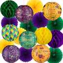 18 Pcs Mardi Gras Hanging Decorations, 6 Hanging Paper Lanterns 6 Paper Fans 6 Honeycomb Ball for Mardi Gras Party Supplies Purple Yellow Green Fiesta Holiday Indoor Outdoor Party Decorations