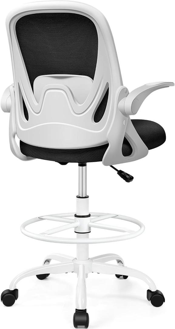 Drafting Chair Tall Office Chair with Flip-up Armrests, Adjustable Height, and Enhanced Lumbar Support - Ergonomic Rolling Stool, Back Support, and Adjustable Foot Rest Ring for Standing Desk White (934W-Z)