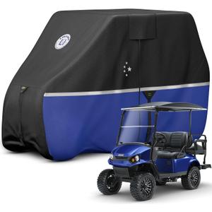 Waterproof Golf Cart Cover, Heavy Duty Marine Grade Fabric, Universal Fits for Most Brand 2/2+2/4+2 Passengers Yamaha, Honda, Club Car, EZGO Golf Cart (420D Black/Blue)