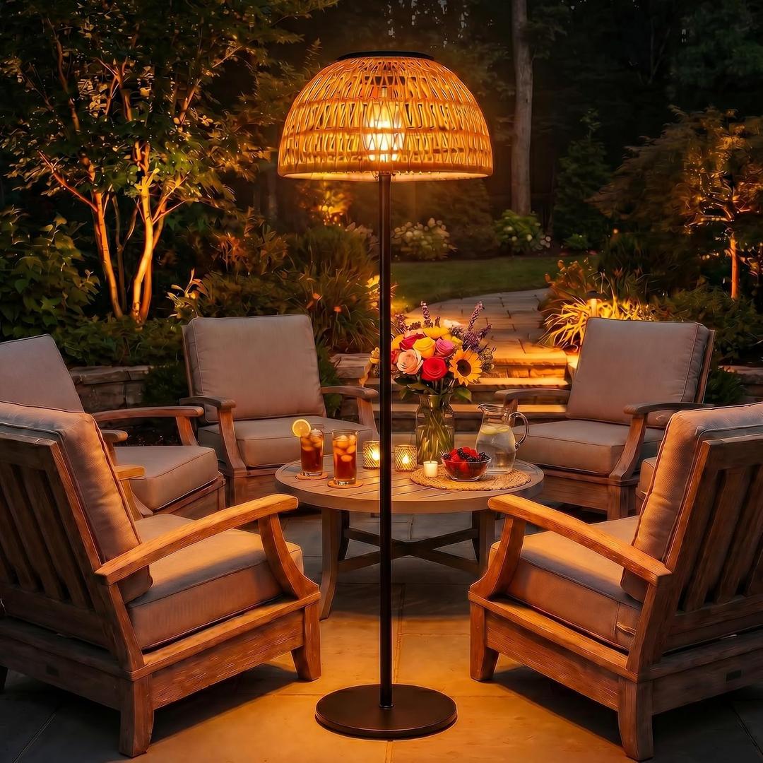 Solar Outdoor Floor Lamp, Cordless Patio Lamp with Rattan Shade, 1"D x 1"W x 1"H